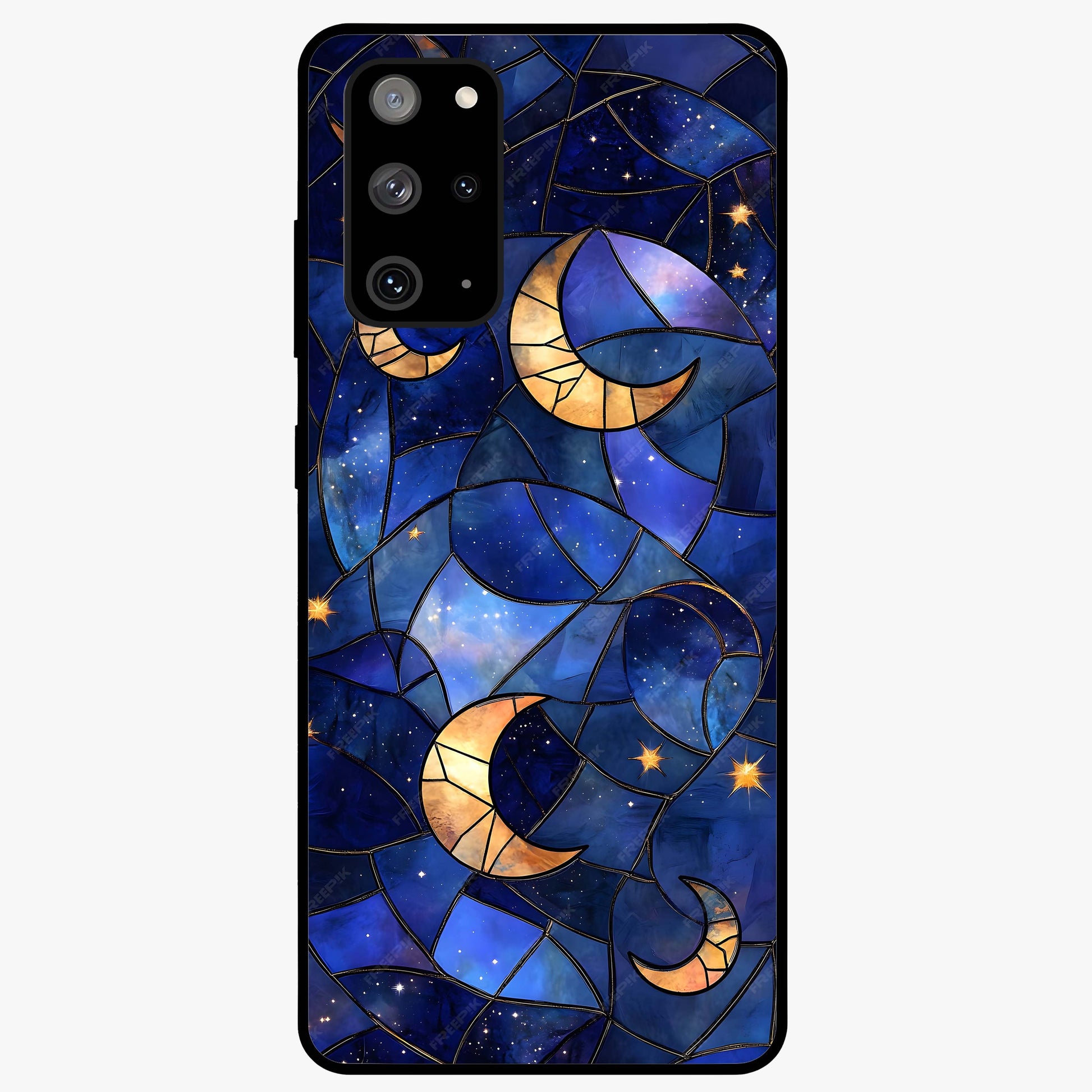 Starlit Sky Tapestry Glass Case showing flat back view with decorative starry sky tapestry artwork and glossy glass finish.
