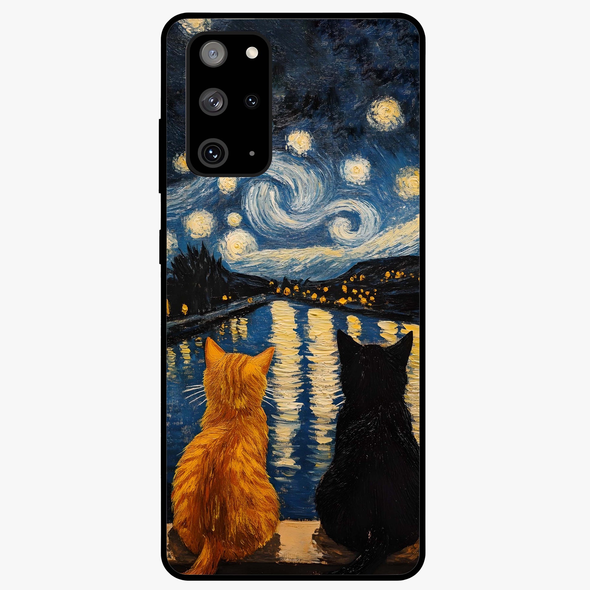 Starry River Cats Glass Case showing flat back view with cats by a starry river artwork and glossy glass finish.