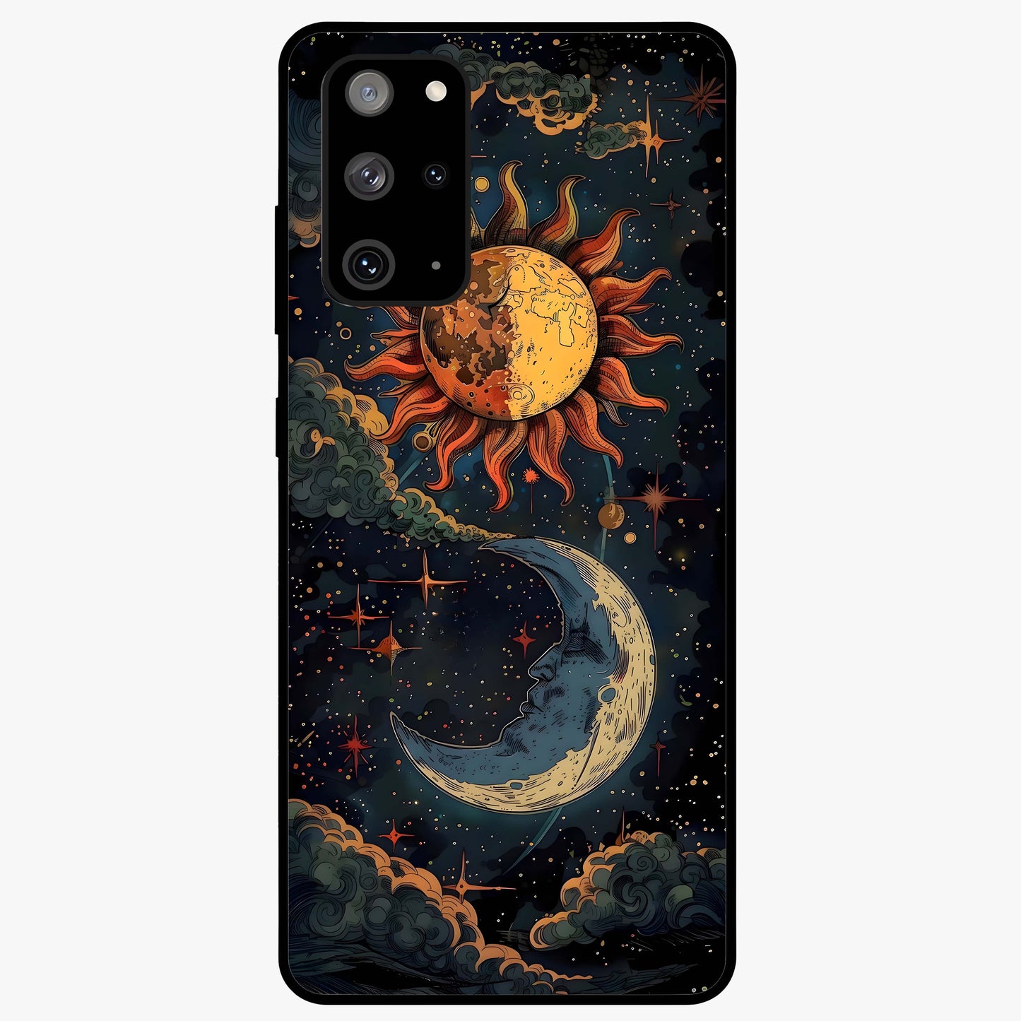 Sun And Moon Magic Design Glass Case showing flat back view with mystical sun and moon artwork and glossy glass finish.
