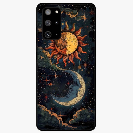 Sun And Moon Magic Design Glass Case showing flat back view with mystical sun and moon artwork and glossy glass finish.