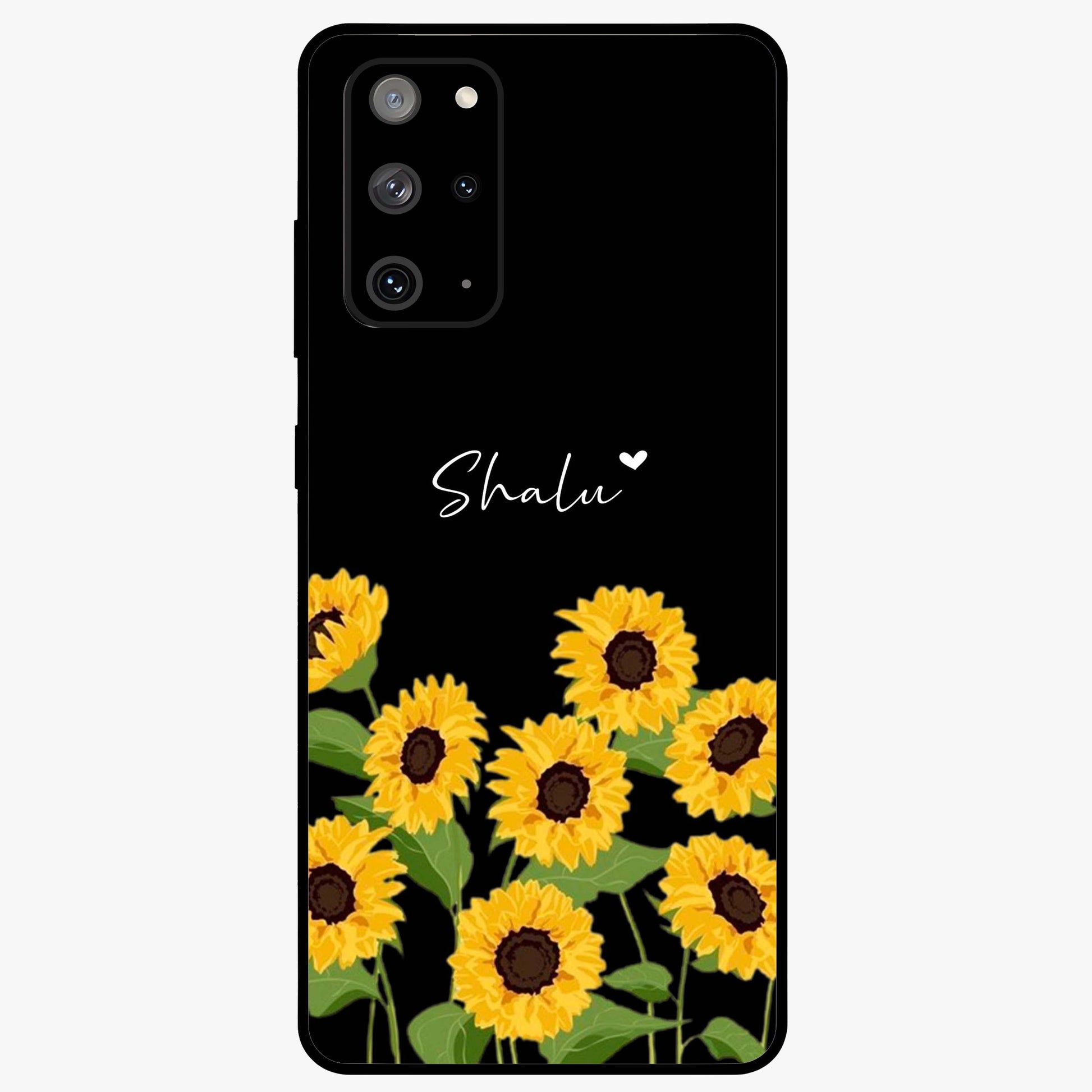 Sunflower Chic Mood Custom Name Glass Case showing flat back view with stylish sunflower artwork and personalized name design.