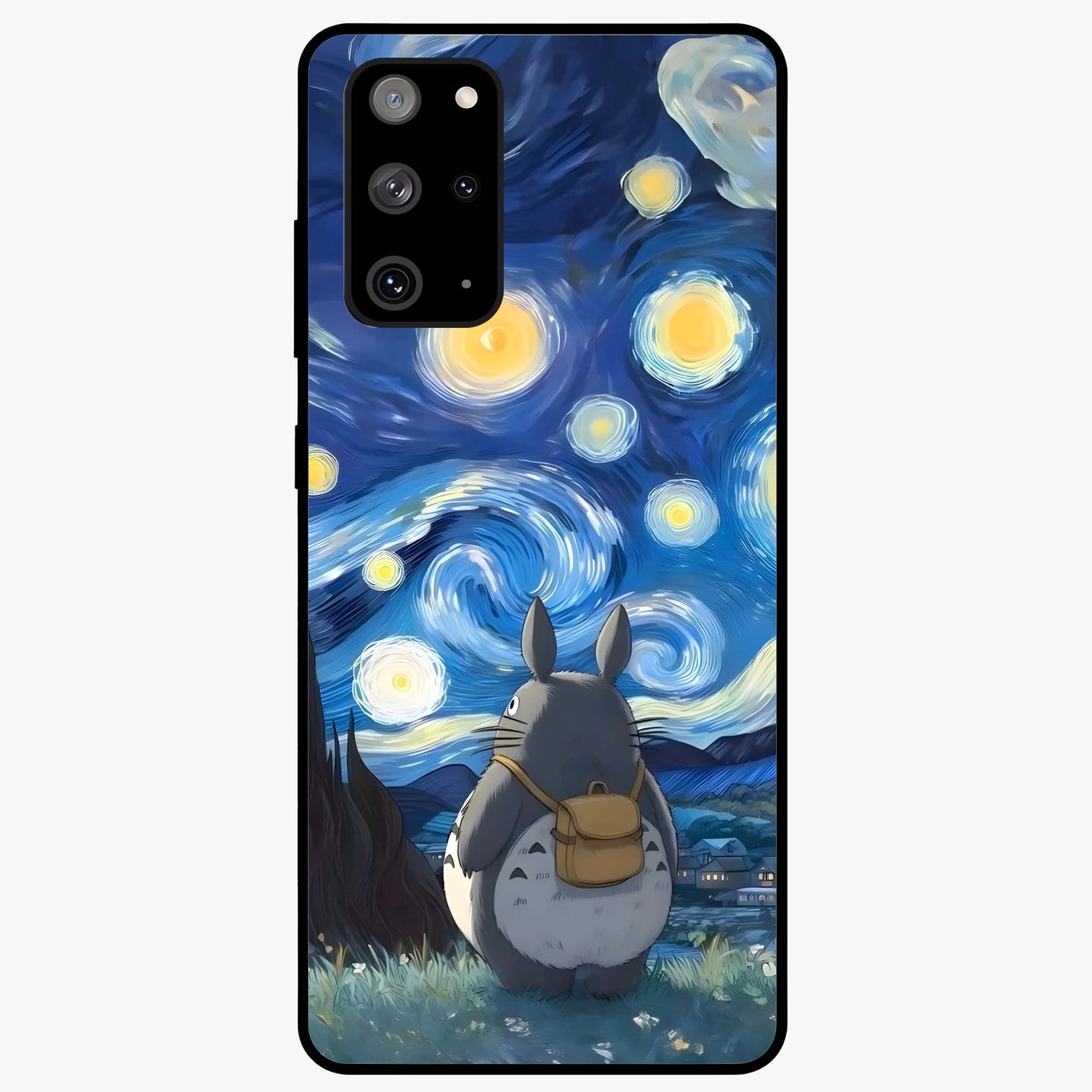 Totoro In Van Gogh Art Glass Case showing flat back view with whimsical character artwork inspired by Van Gogh style and glossy glass finish.