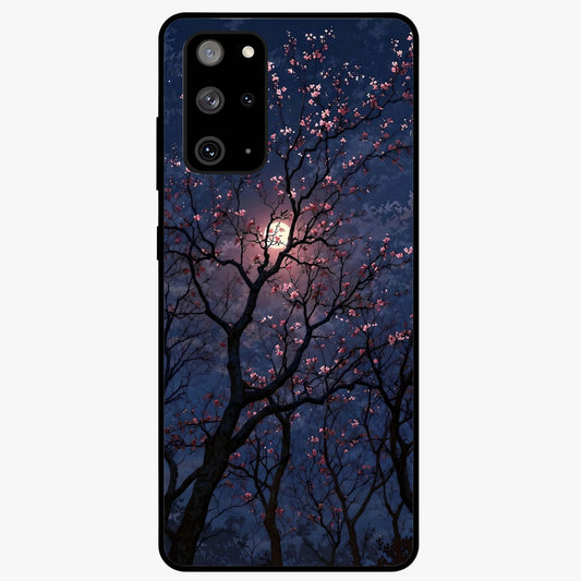 Twilight Sakura Serenade Glass Case showing flat back view with cherry blossom artwork at twilight and glossy glass finish.
