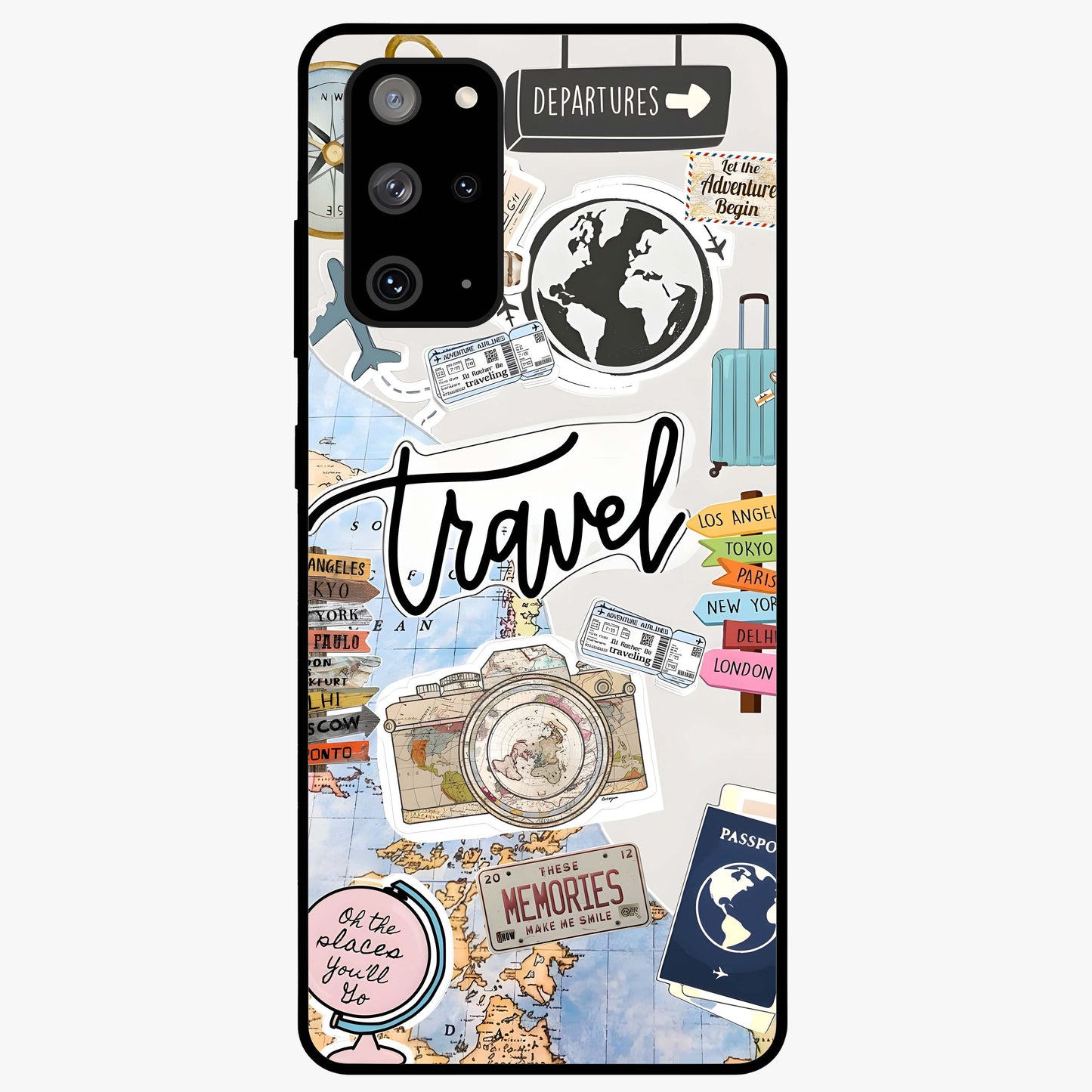 Wanderlust Journal Glass Case showing flat back view with travel inspired artwork and glossy glass finish.