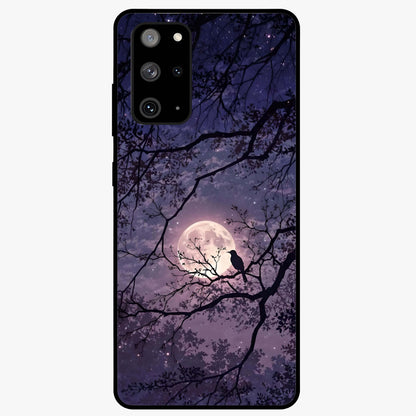 Whispering Moon Silence Glass Case showing flat back view with serene moon themed artwork and glossy glass finish.