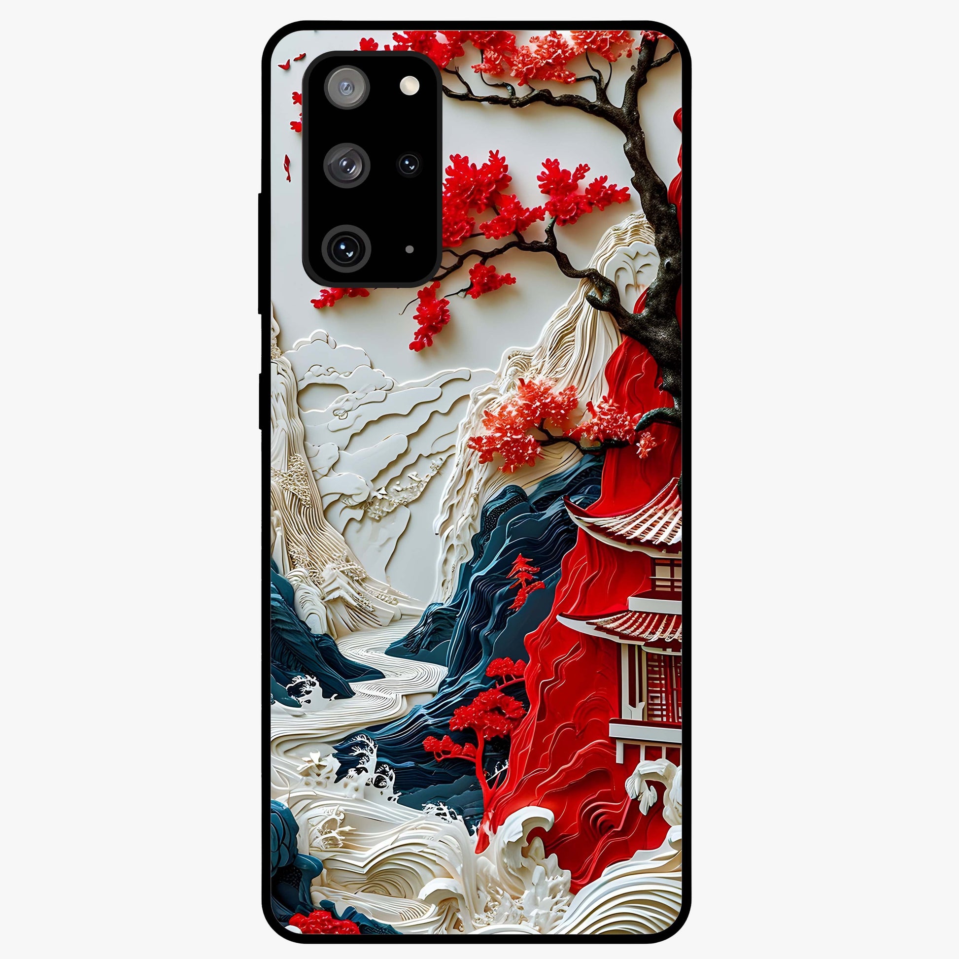 Whispers Of Sakura Waves Glass Case showing flat back view with cherry blossom wave artwork and glossy glass finish.