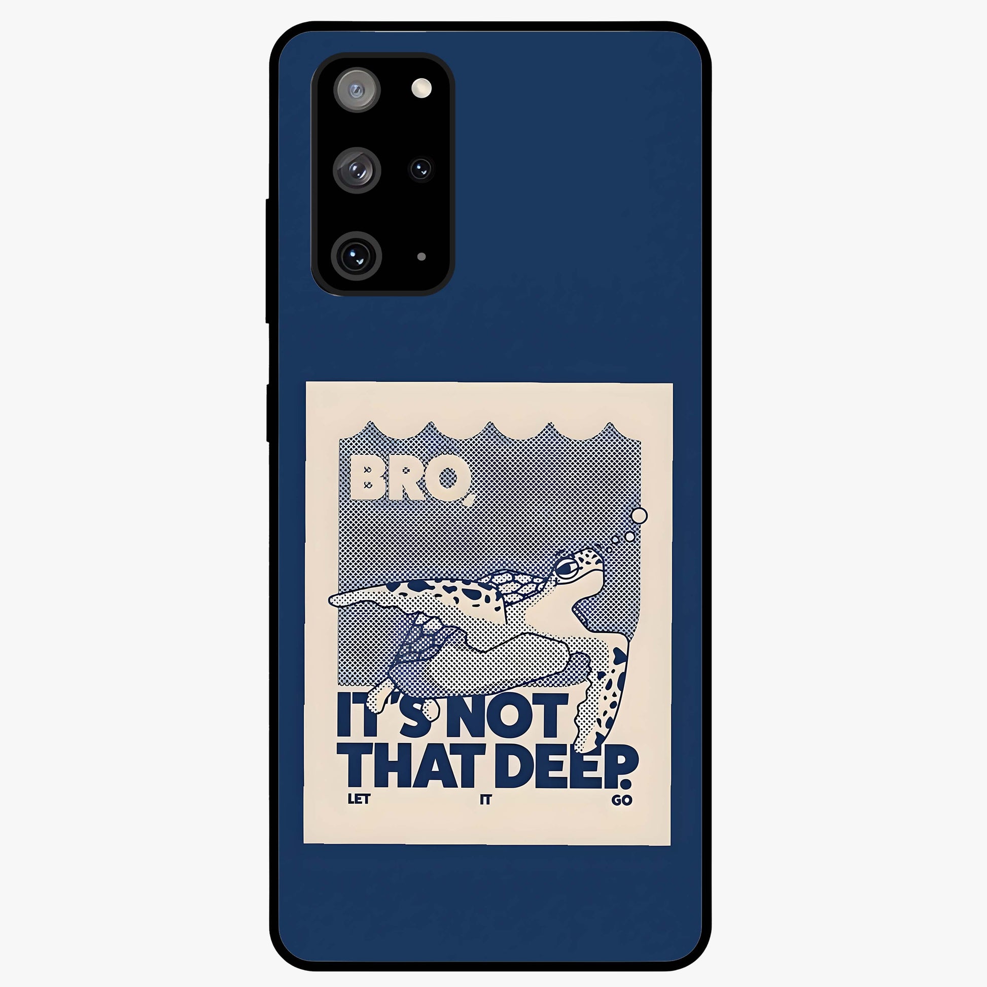 Worry Less Swim Glass Case showing flat back view with playful motivational artwork and glossy glass finish.