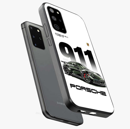 911 Turbo Dominance Glass Case displayed in premium angled mockup highlighting sporty car illustration and sleek glass surface.