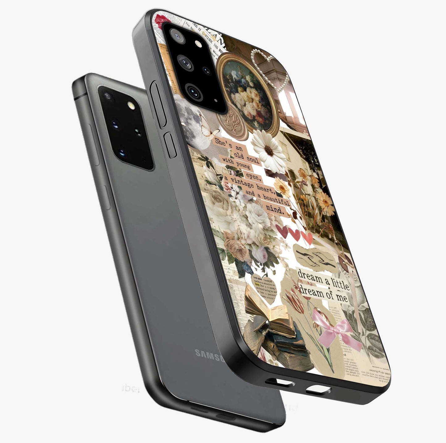 Aesthetic Brown Vintage Collage Glass Case displayed in angled mockup highlighting vintage aesthetic collage design.