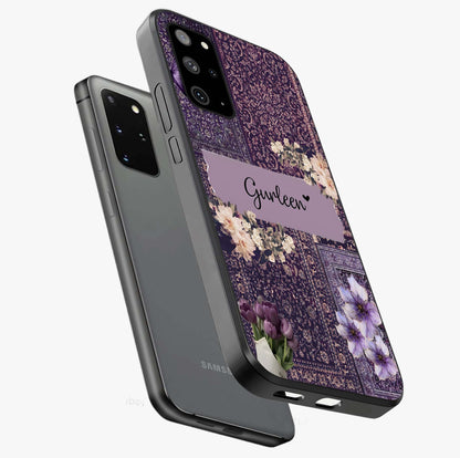 Antique Floral Whisper Custom Name Glass Case displayed in angled mockup highlighting elegant antique floral aesthetic.