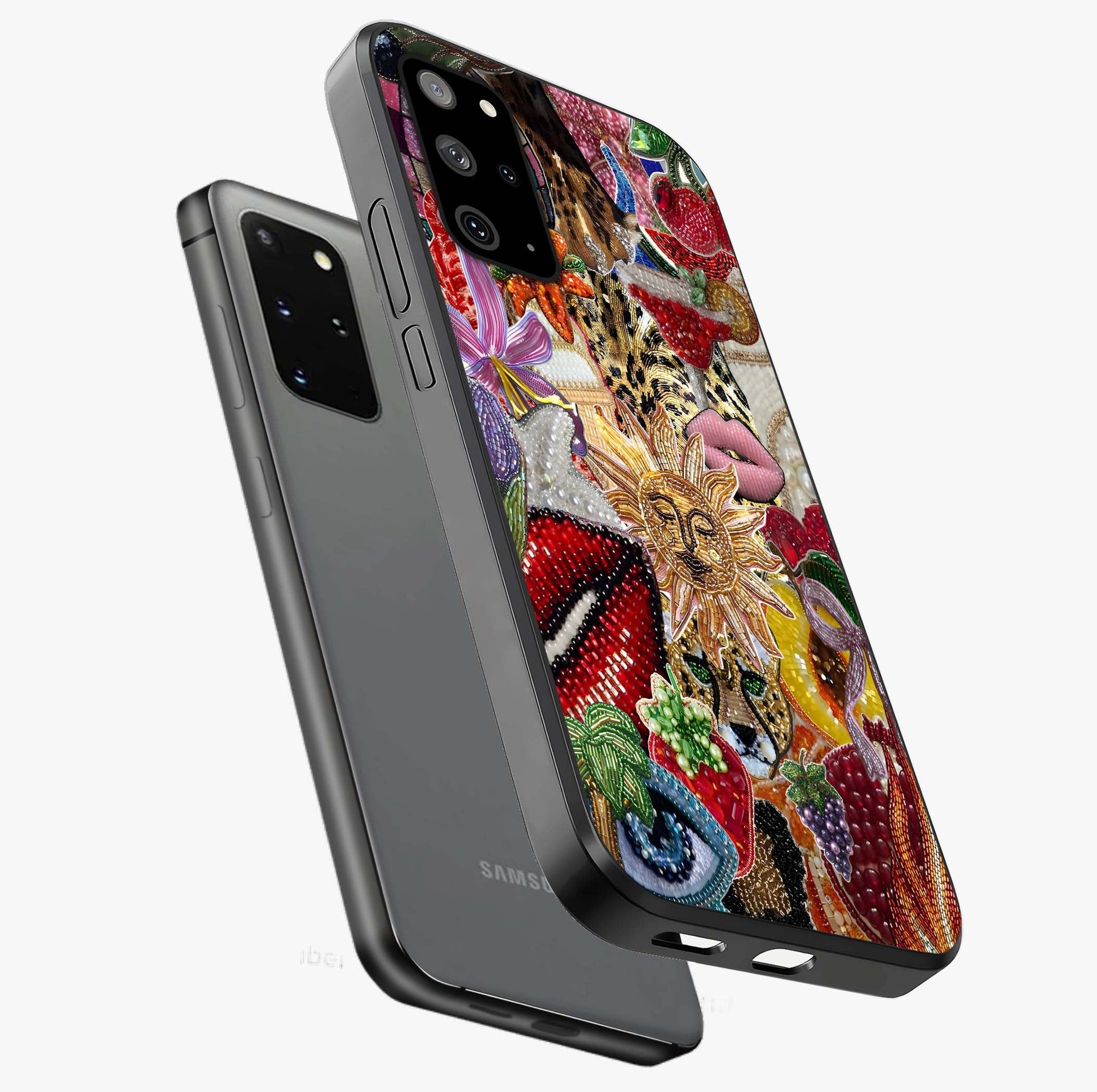 Beaded Fashion Jungle Glass Case displayed in angled mockup highlighting colorful fashion bead design and artistic pattern.