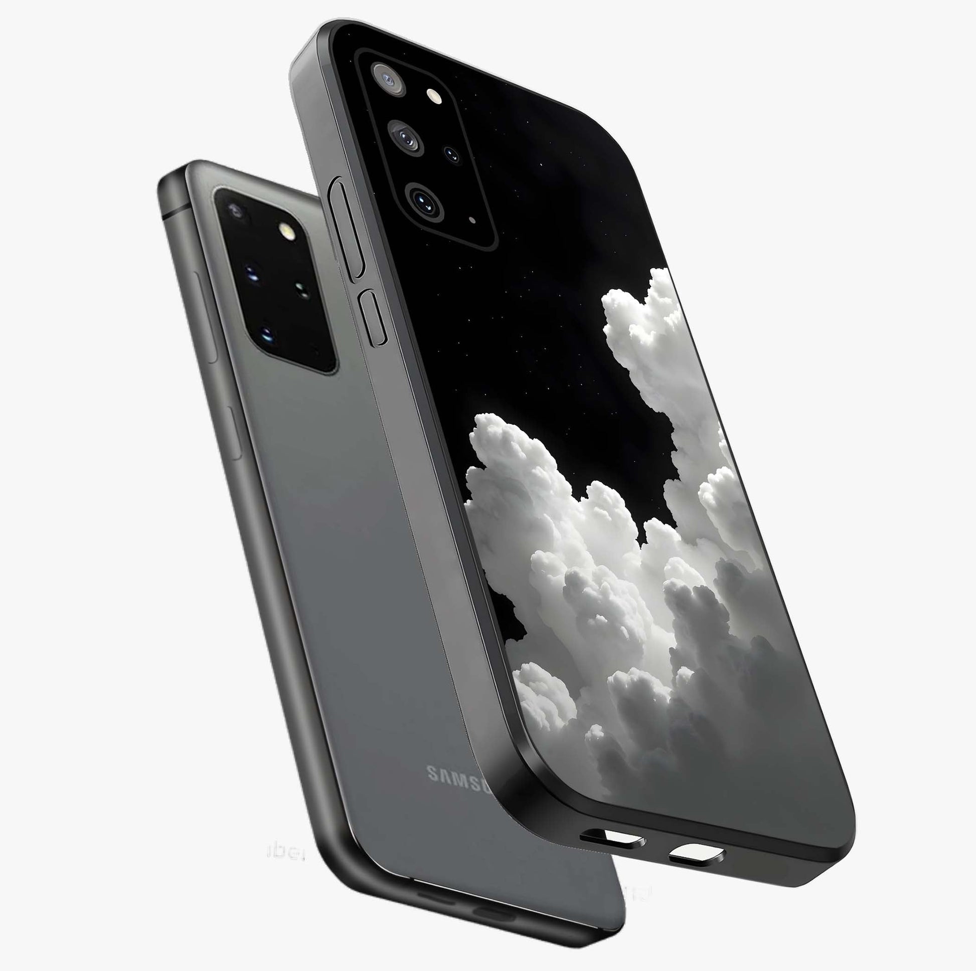 Black Background With White Cloud Glass Case displayed in angled mockup highlighting soft white cloud illustration and minimal design.