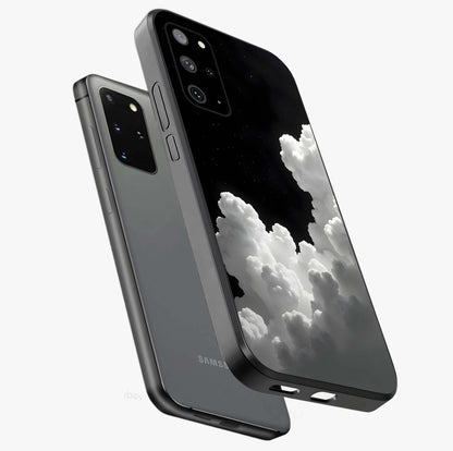 Black Background With White Cloud Glass Case displayed in angled mockup highlighting soft white cloud illustration and minimal design.