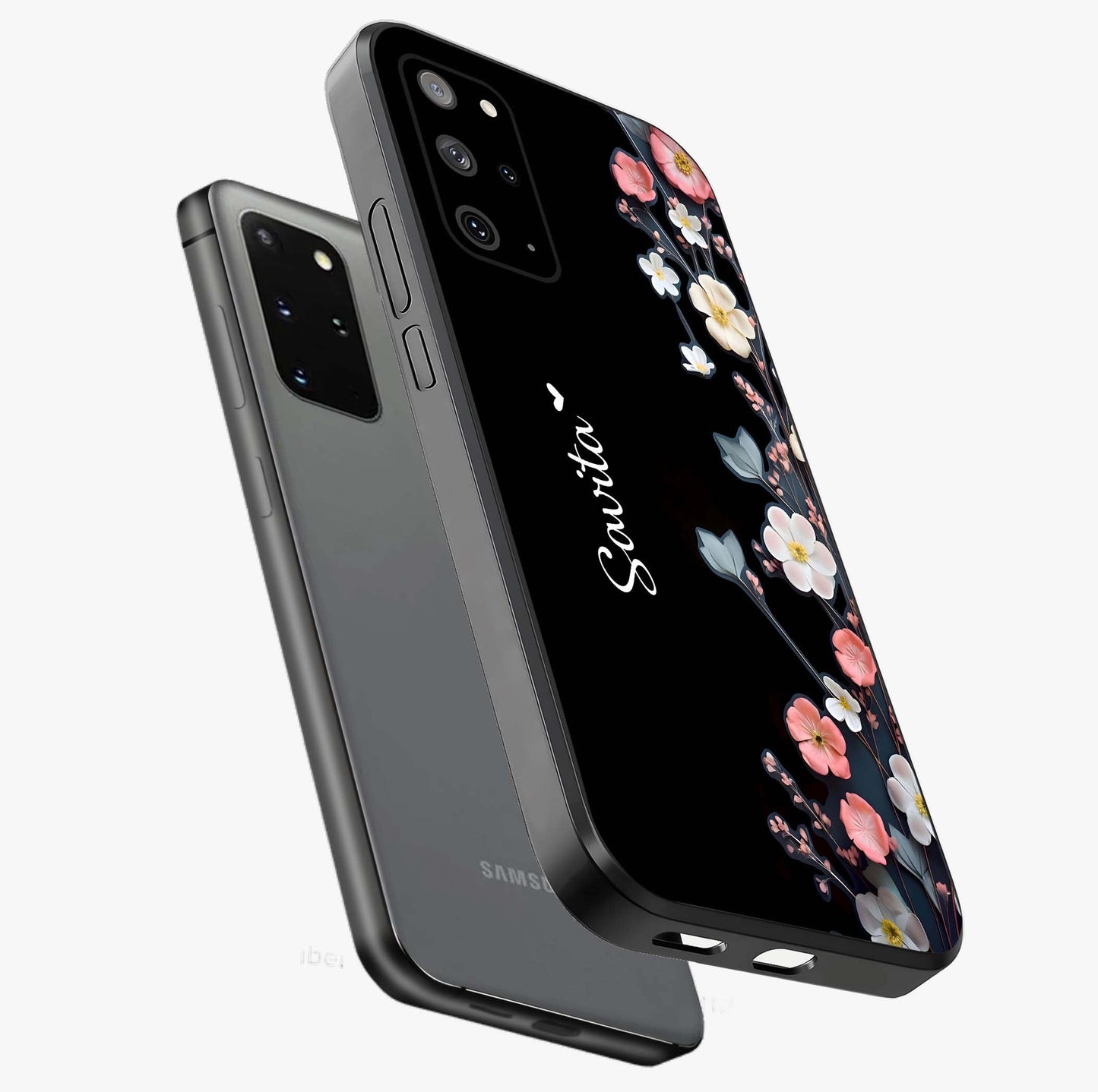 Black Elegance Floral Custom Name Glass Case displayed in angled mockup highlighting dark floral aesthetic and custom name feature.