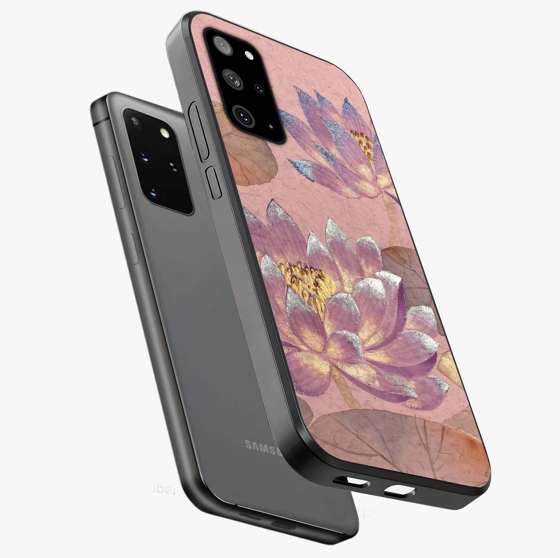 Blossom Mist Lotus Glass Case displayed in angled mockup highlighting delicate lotus illustration with calm aesthetic theme.