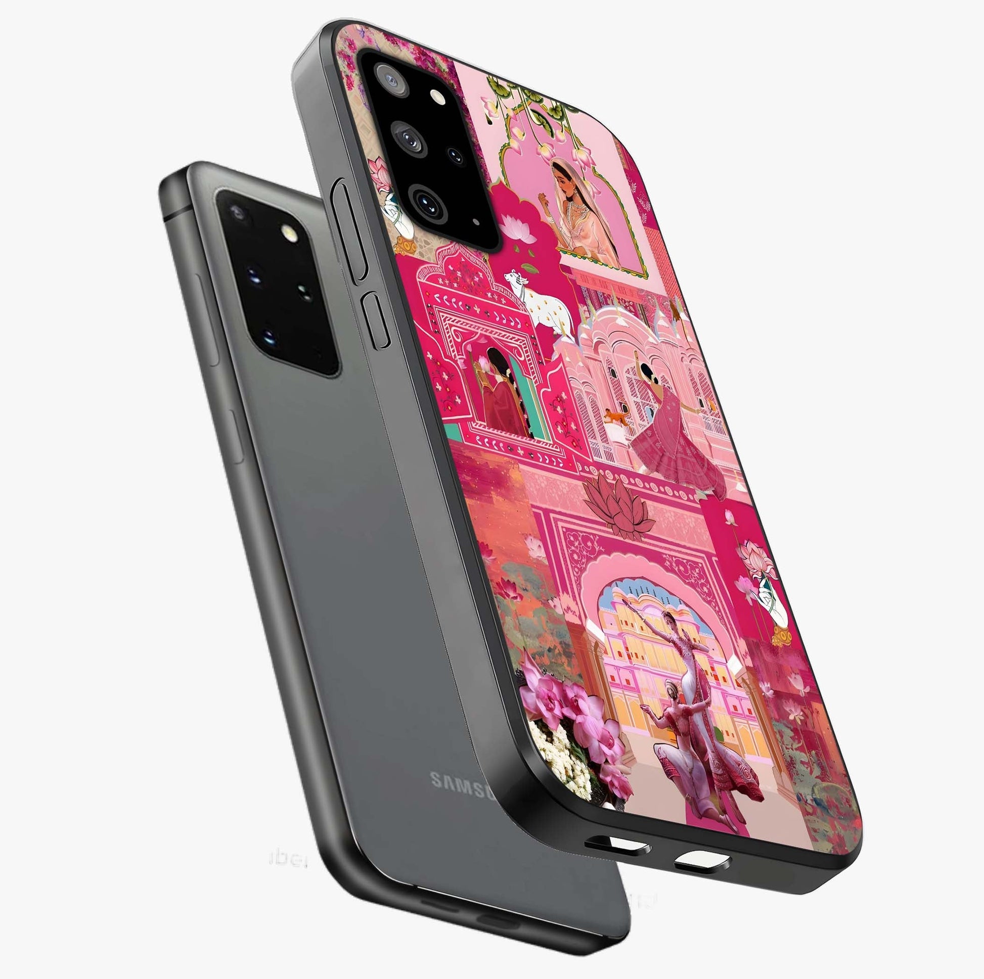 Blossoms of Rajasthan Glass Case displayed in angled mockup highlighting vibrant floral pattern with cultural aesthetic style.