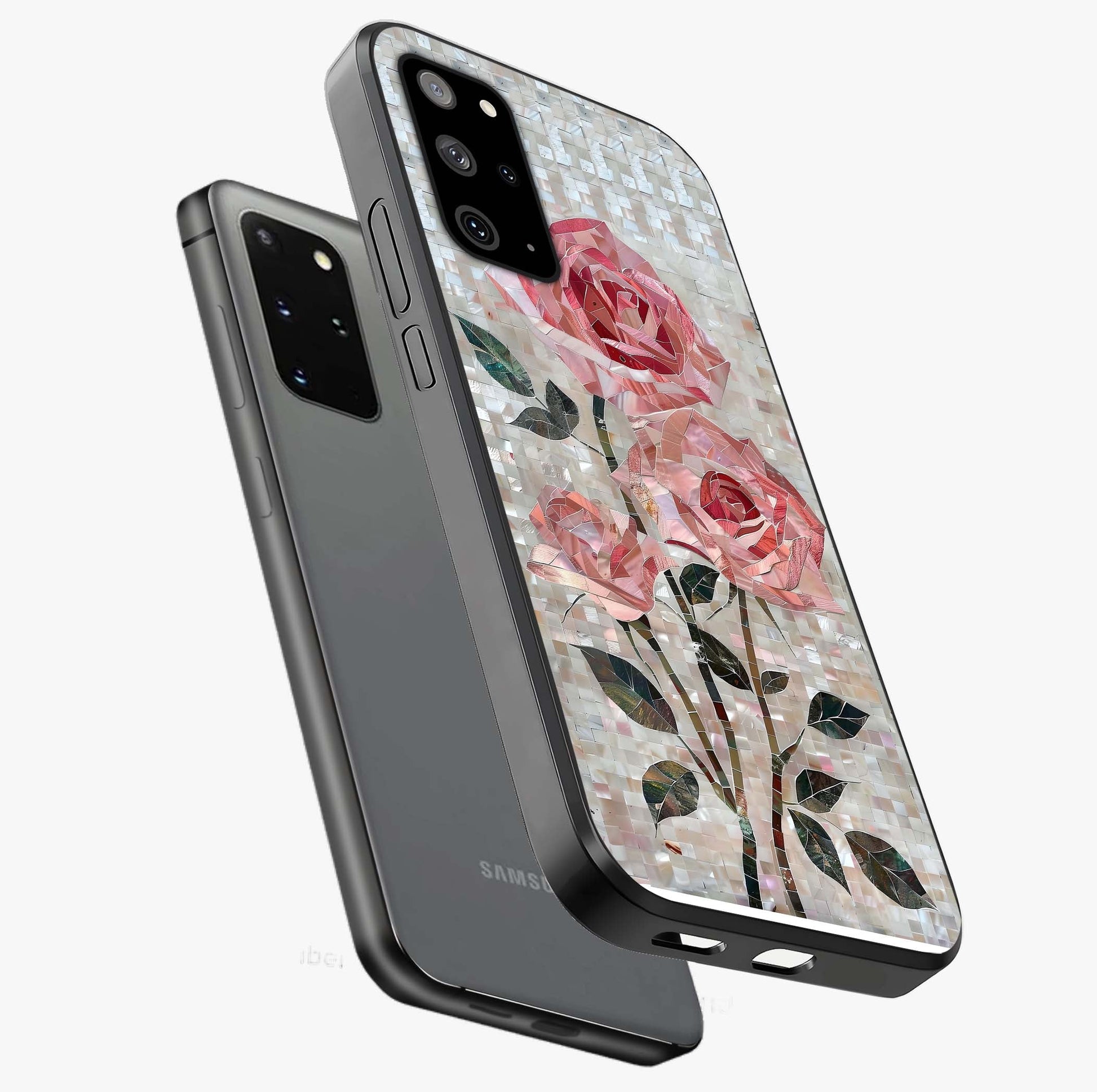 Blush Mosaic Bloom Glass Case displayed in angled mockup highlighting artistic mosaic flower pattern with aesthetic design.