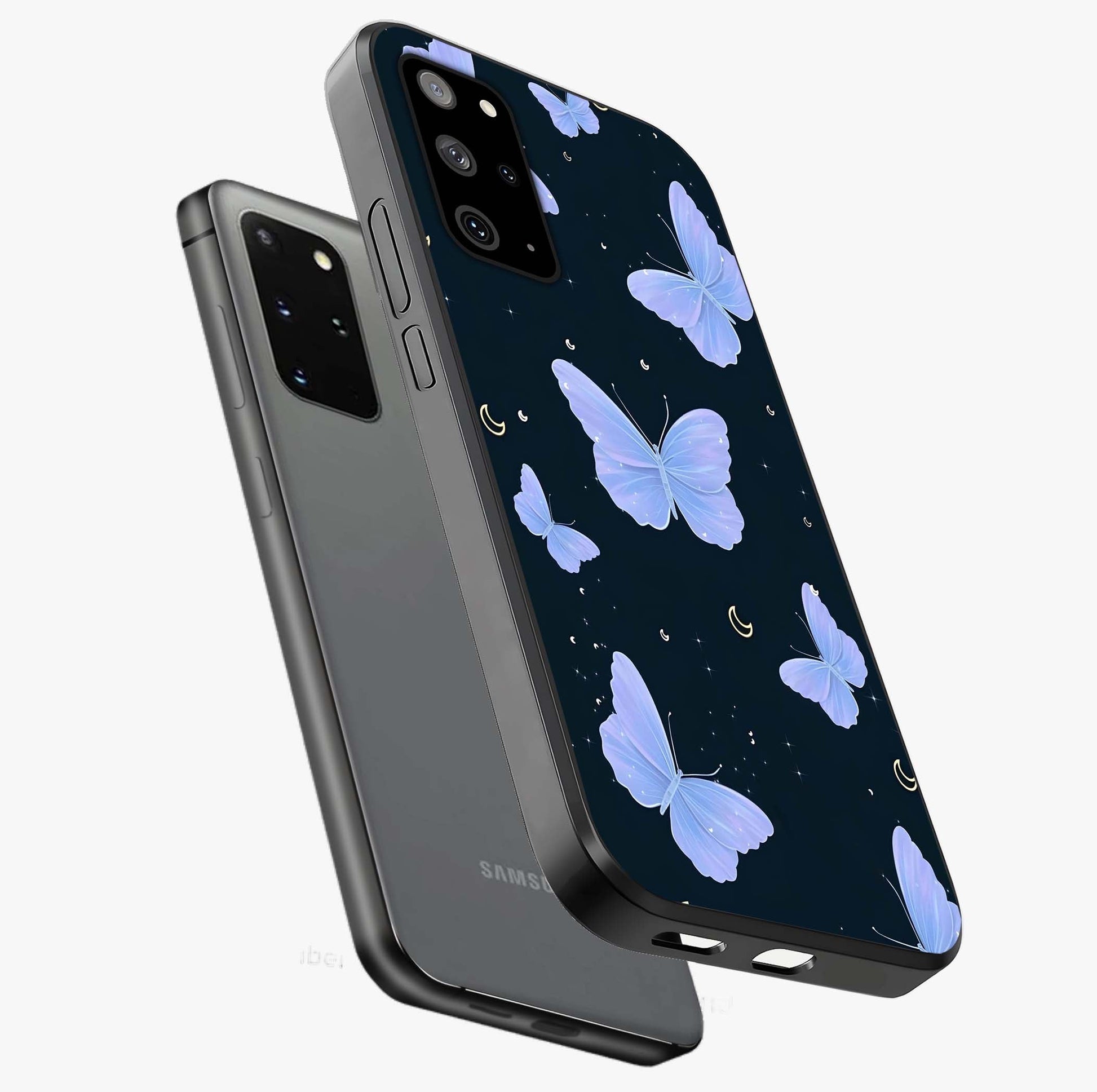 Butterfly With Stars Pattern Glass Case displayed in angled mockup highlighting dreamy butterfly and star design with aesthetic theme.
