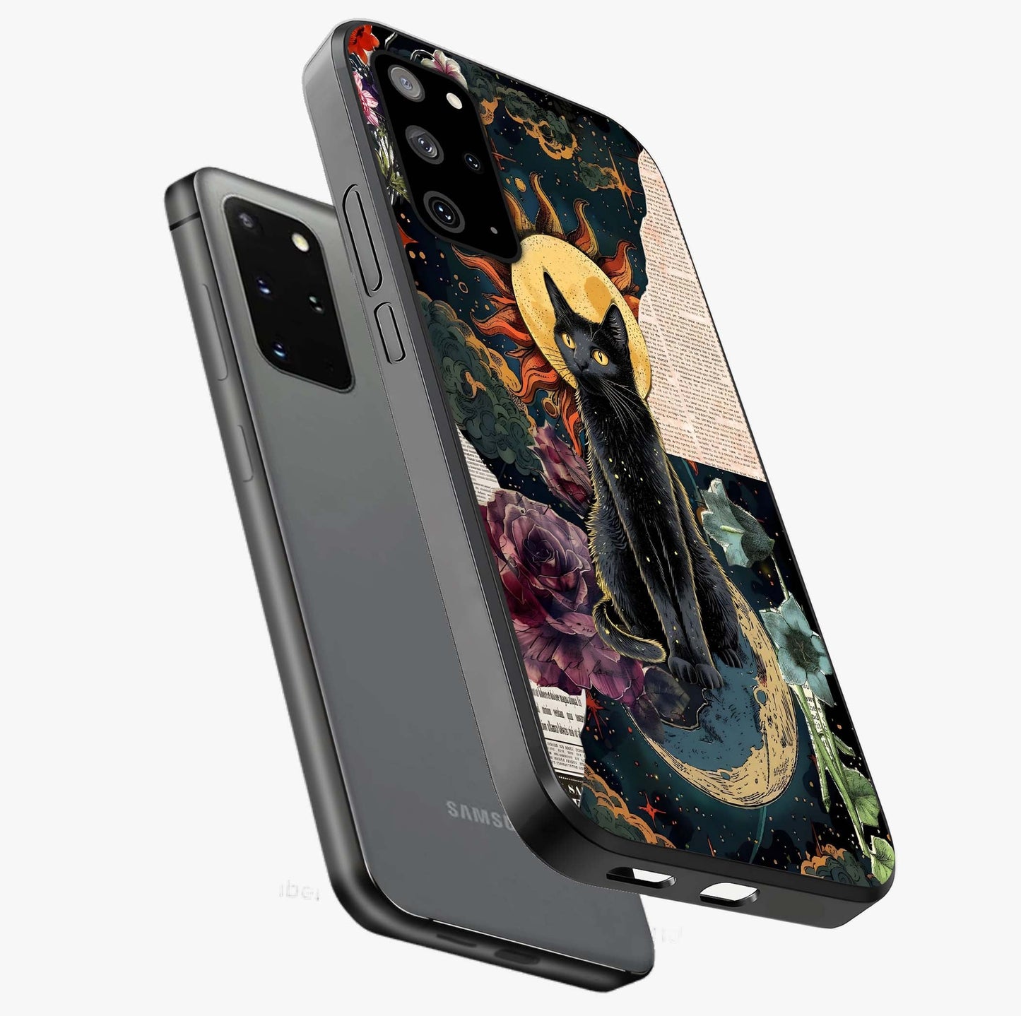 Celestial Black Cat Glass Case displayed in angled mockup highlighting cosmic black cat design with celestial aesthetic.