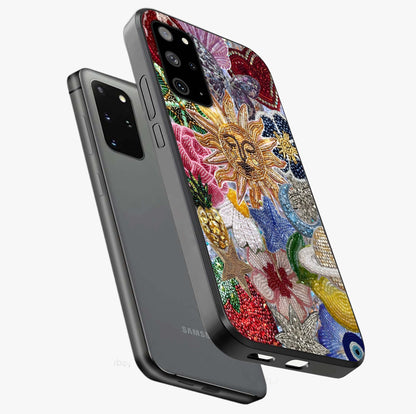 Celestial Floral and Playful Glass Case displayed in angled mockup highlighting playful floral design with dreamy celestial elements.