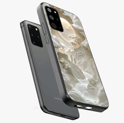 Celestial Origami Glass Case displayed in angled mockup highlighting geometric origami design with cosmic aesthetic theme.