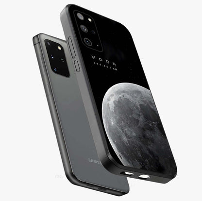 Cosmic Moon Glow Glass Case displayed in angled mockup highlighting celestial moon design with cosmic aesthetic theme.