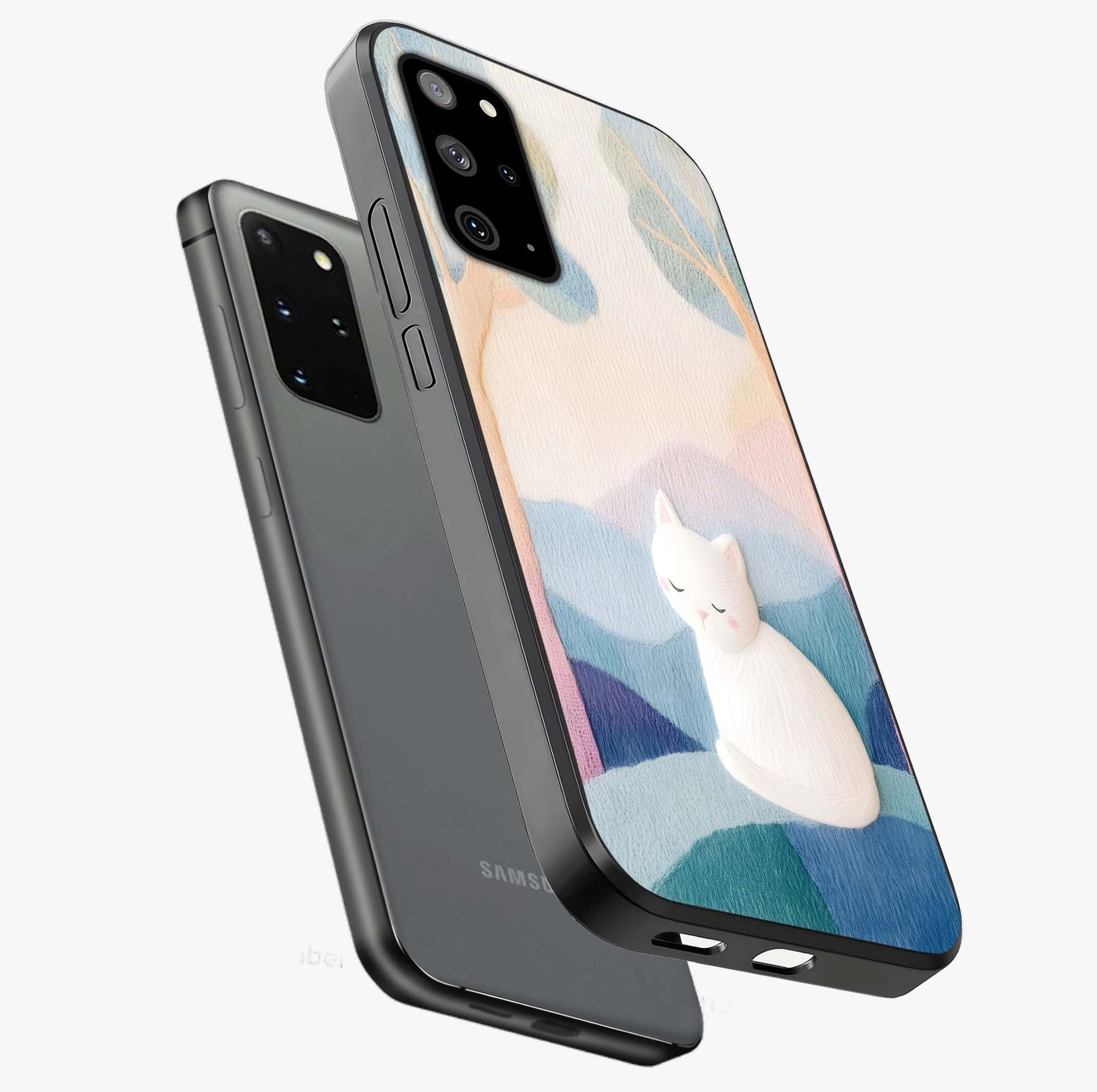 Cotton Dream Cat Glass Case displayed in angled mockup highlighting cute feline illustration with pastel aesthetic style.
