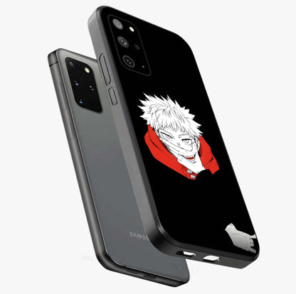 Crimson Chaos Smile Glass Case displayed in angled mockup highlighting edgy crimson smile design with graphic aesthetic.