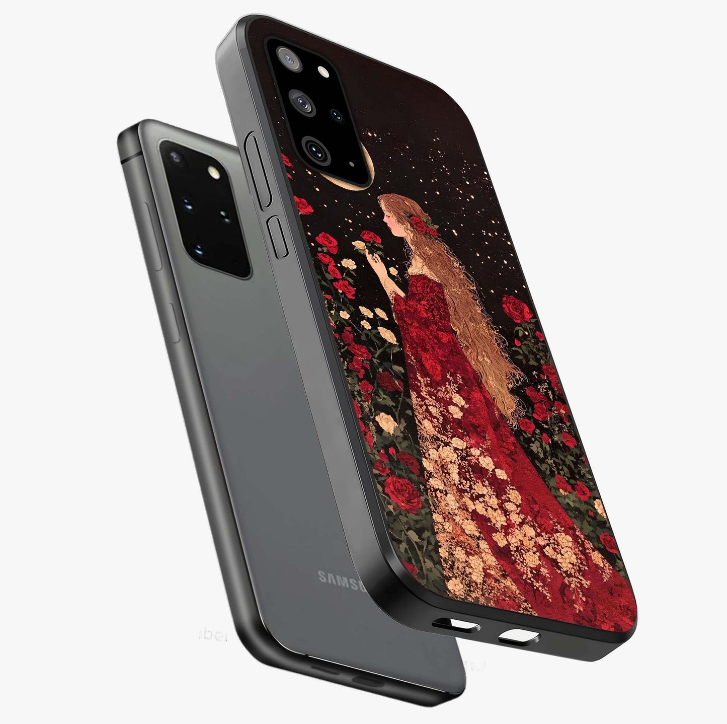 Crimson Dreams Glass Case displayed in angled mockup highlighting soft crimson aesthetic design with artistic theme.