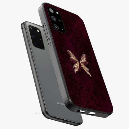 Crimson Fade Butterfly Glass Case displayed in angled mockup highlighting elegant butterfly design with crimson gradient aesthetic.