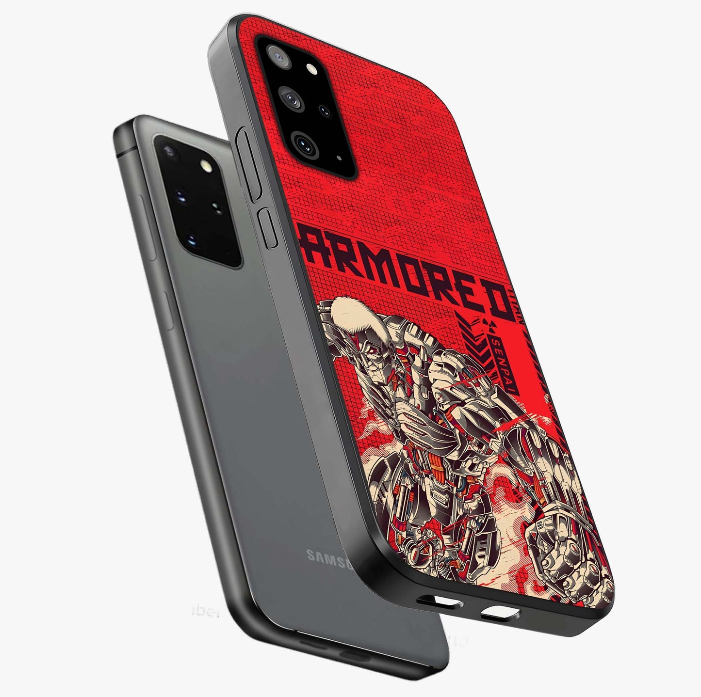Crimson Mecha Titan Glass Case displayed in angled mockup highlighting futuristic mech illustration with bold crimson aesthetic.