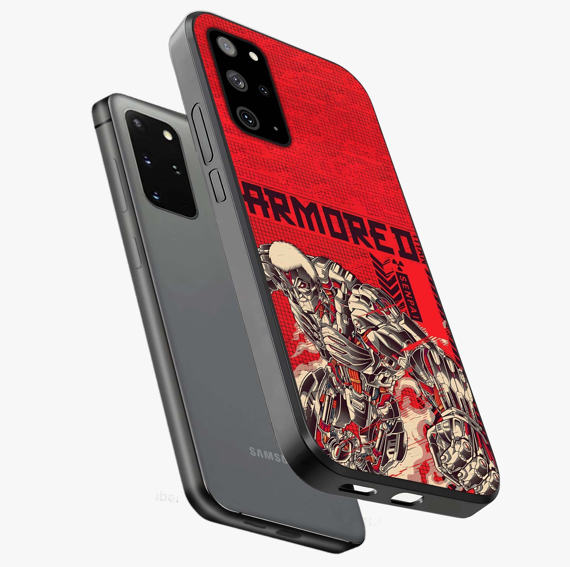 Crimson Mecha Titan Glass Case displayed in angled mockup highlighting futuristic mech illustration with bold crimson aesthetic.