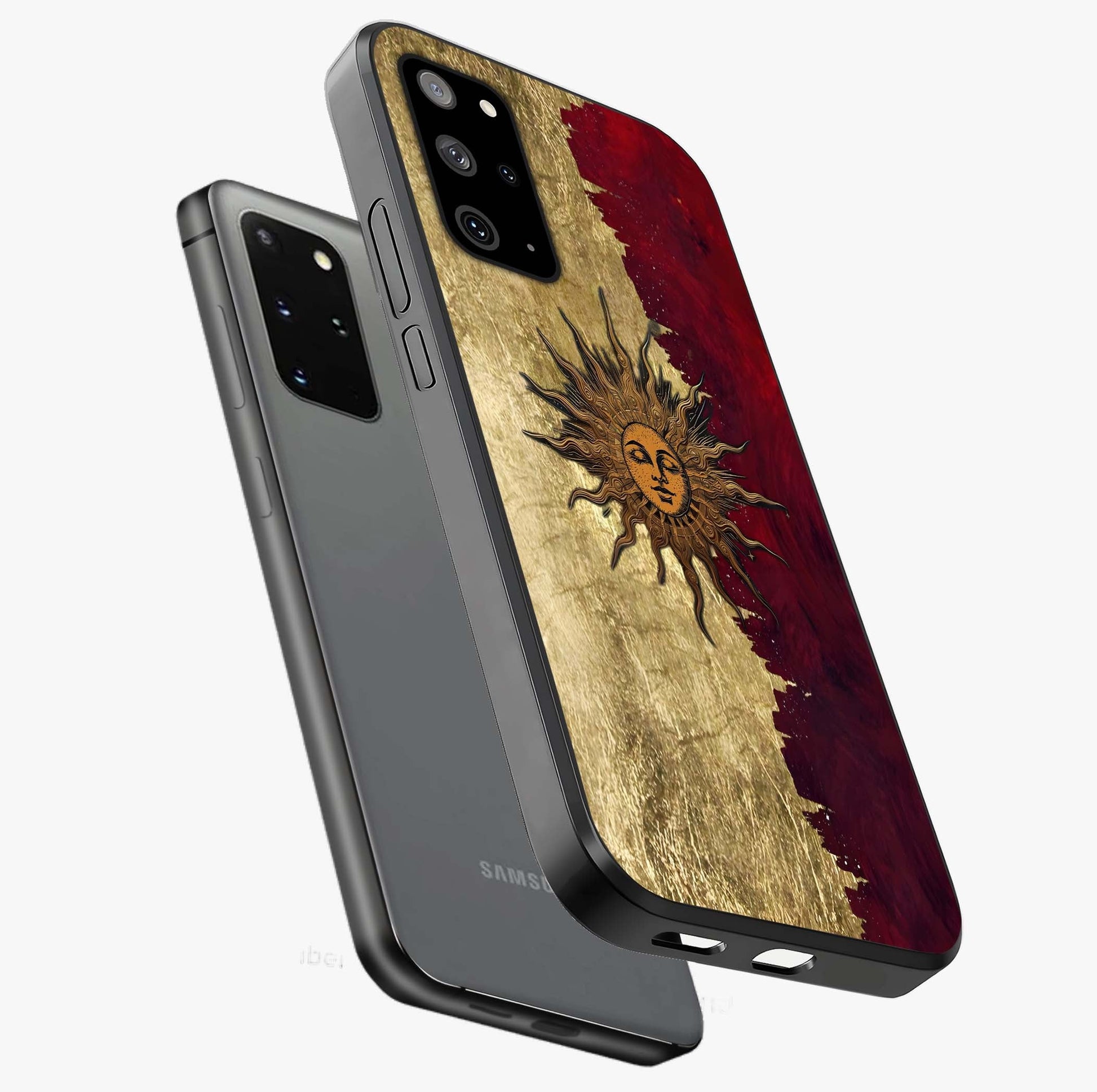Crimson Sun Majesty Glass Case displayed in angled mockup highlighting majestic crimson sun design with bold aesthetic style.