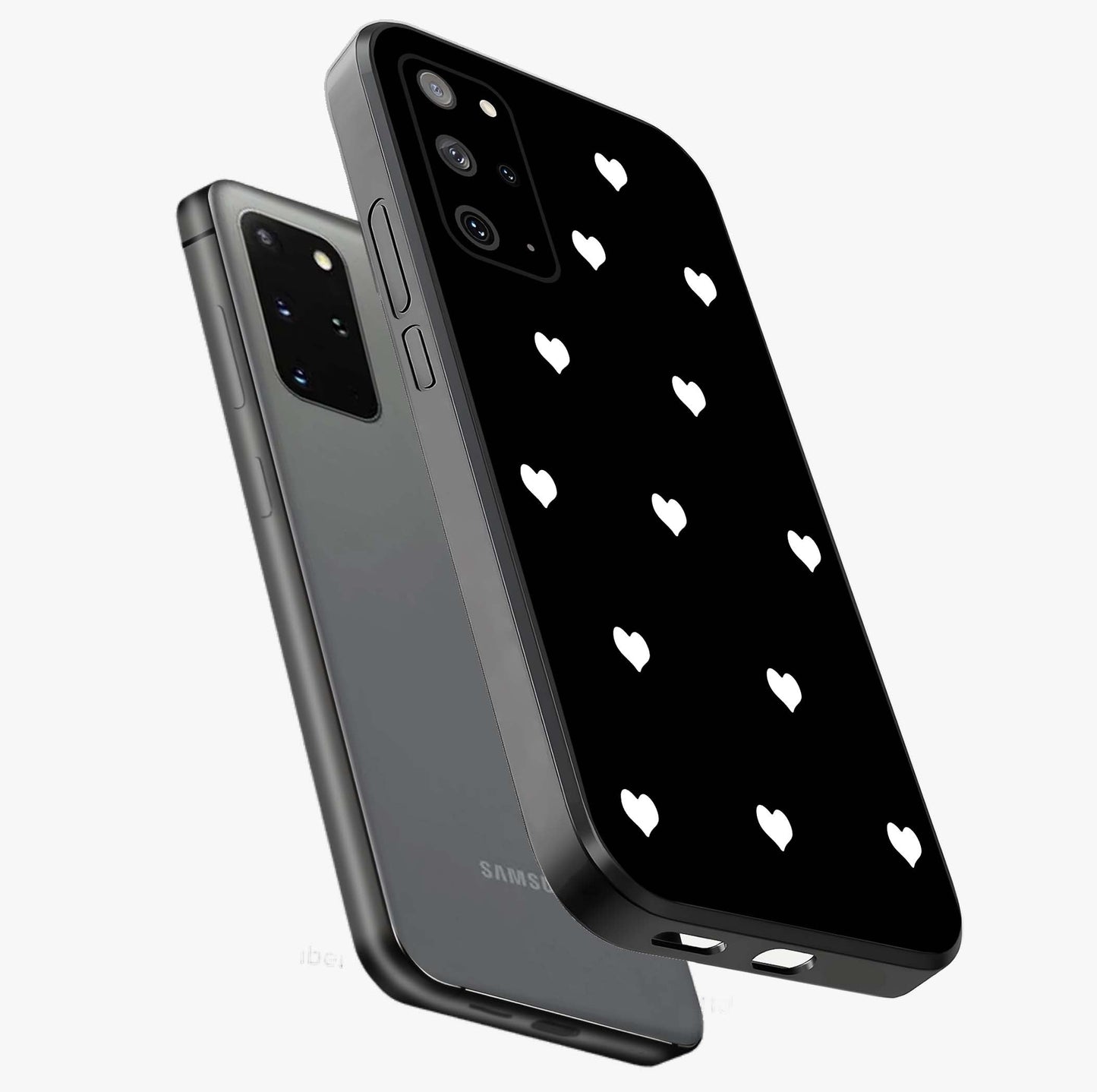 Cute And Simple White Hearts Glass Case displayed in angled mockup highlighting cute heart design with clean aesthetic style.