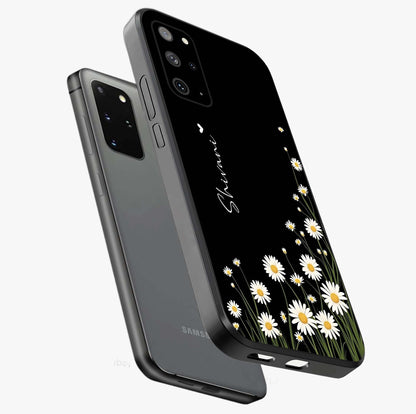 Daisy Cascade Custom Name Glass Case displayed in angled mockup highlighting delicate daisy artwork with custom name feature.
