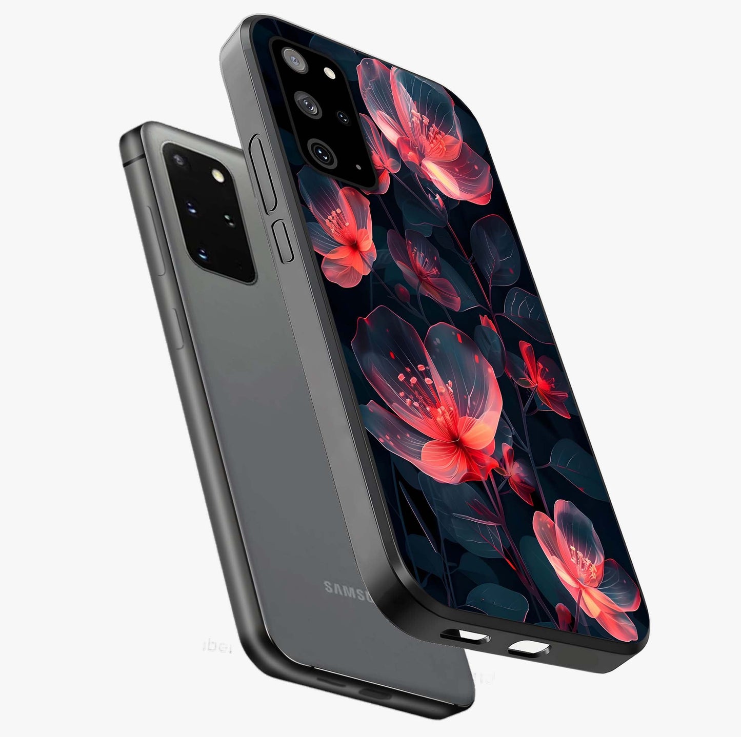 Dark Shade of Flower Glass Case displayed in angled mockup highlighting moody floral illustration with aesthetic dark tones.