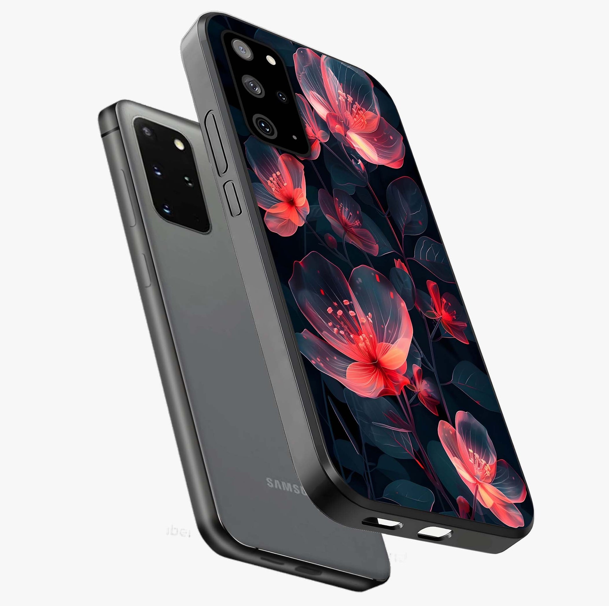 Dark Shade of Flower Glass Case displayed in angled mockup highlighting moody floral illustration with aesthetic dark tones.