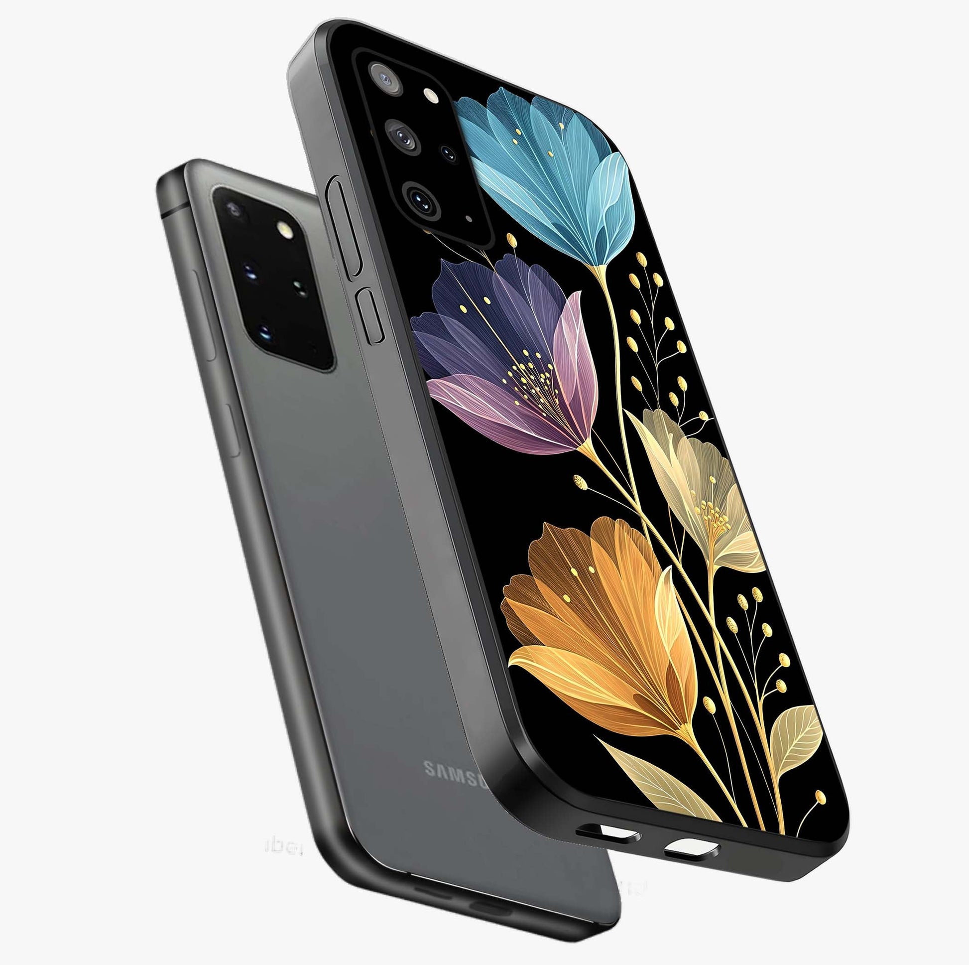 Delicate Multicolor Flowers Glass Case displayed in angled mockup highlighting colorful flower pattern with soft aesthetic style.