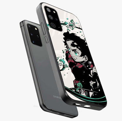 Demon Slayer Glass Case displayed in angled mockup highlighting dramatic anime character design with action aesthetic.