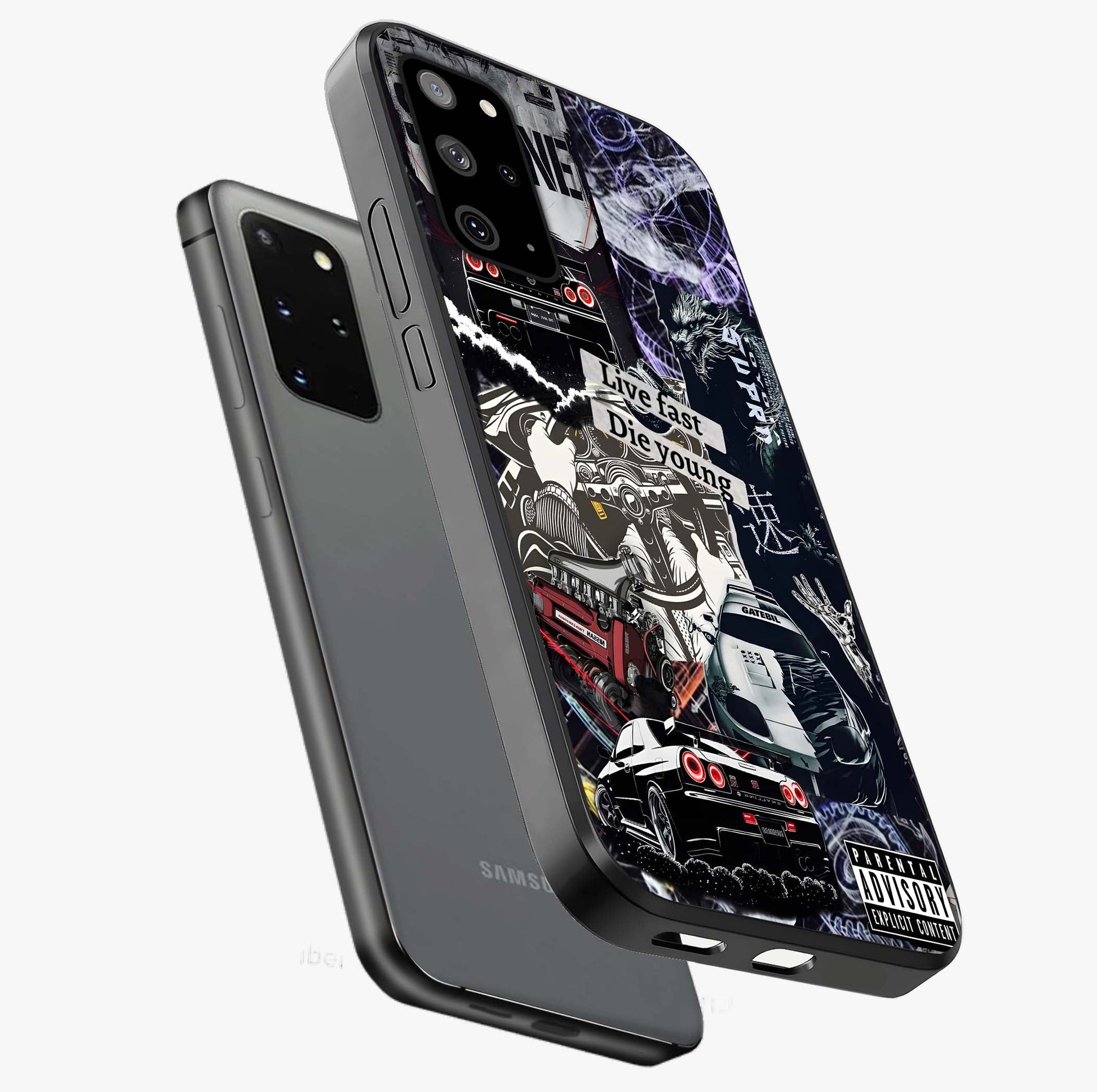 Die Young Glass Case displayed in angled mockup highlighting expressive graphic artwork with edgy aesthetic style.