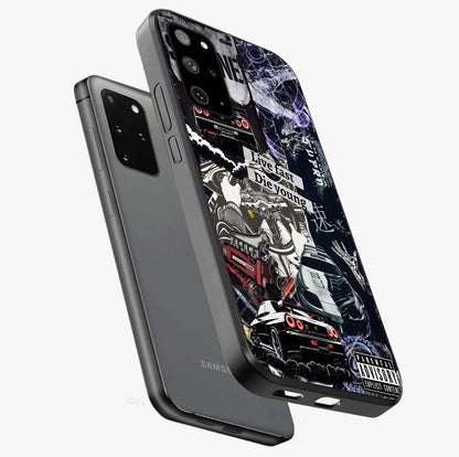 Die Young Glass Case displayed in angled mockup highlighting expressive graphic artwork with edgy aesthetic style.