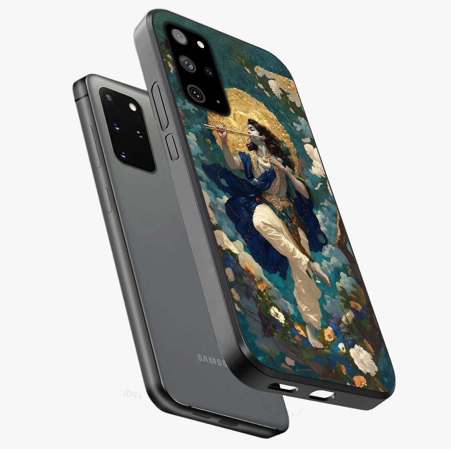 Divine Krishna Art Glass Case displayed in angled mockup highlighting spiritual Krishna illustration with devotional aesthetic.