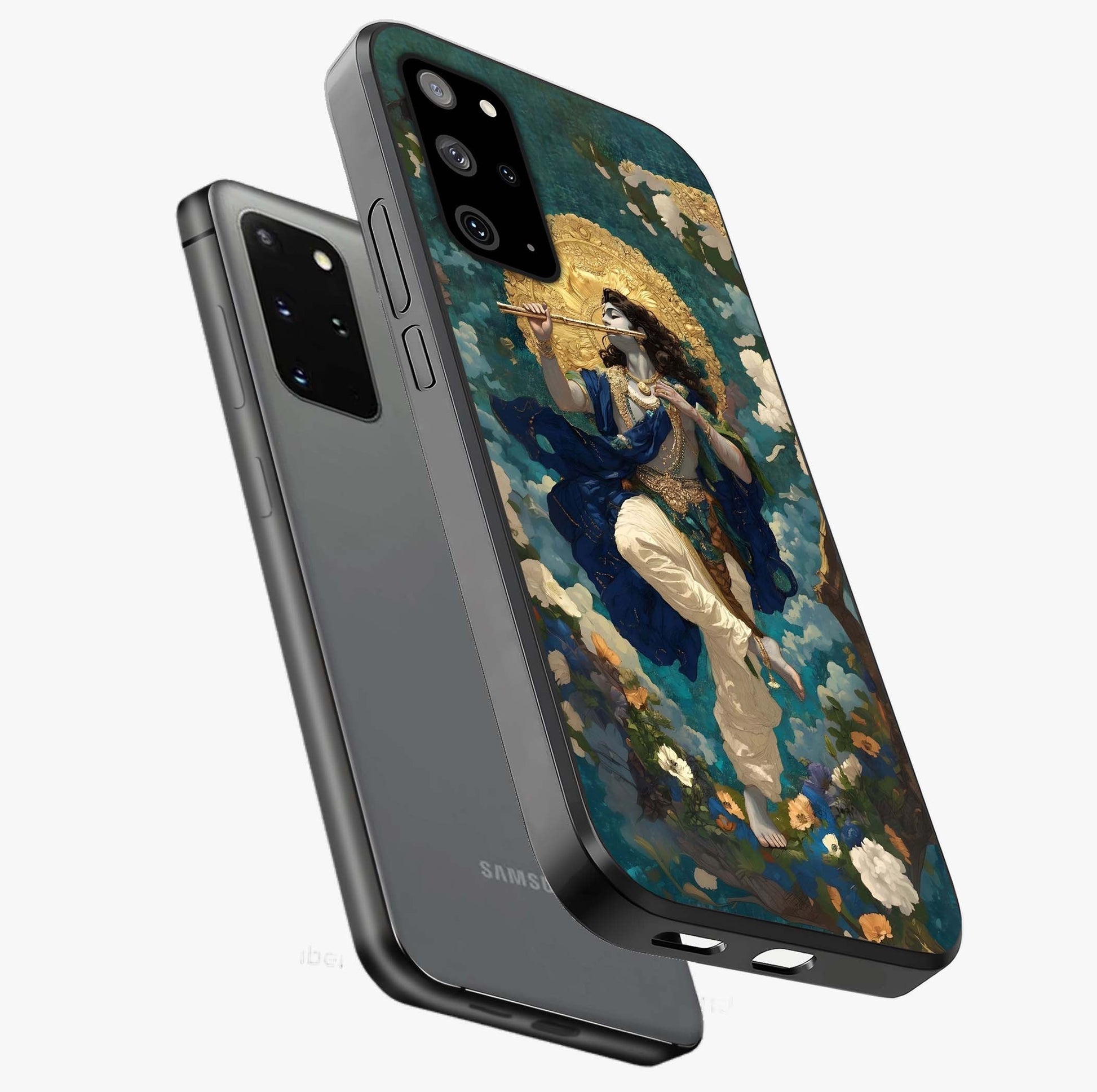 Divine Krishna Art Glass Case displayed in angled mockup highlighting spiritual Krishna illustration with devotional aesthetic.