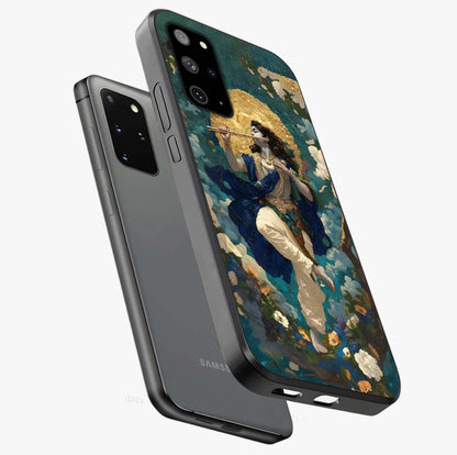 Divine Krishna Art Glass Case displayed in angled mockup highlighting spiritual Krishna illustration with devotional aesthetic.