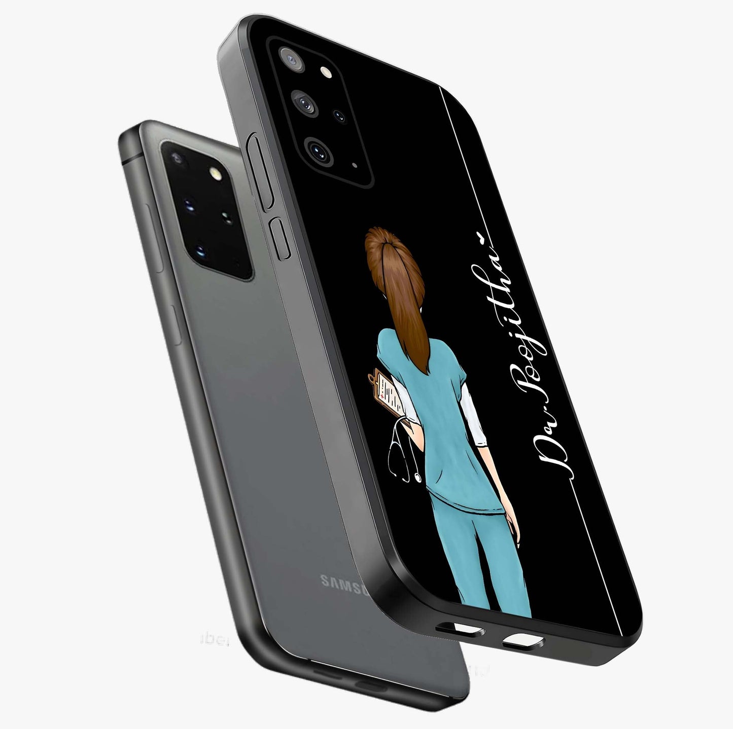 Doctor Pattern Custom Name Glass Case displayed in angled mockup highlighting doctor inspired artwork with custom name feature.