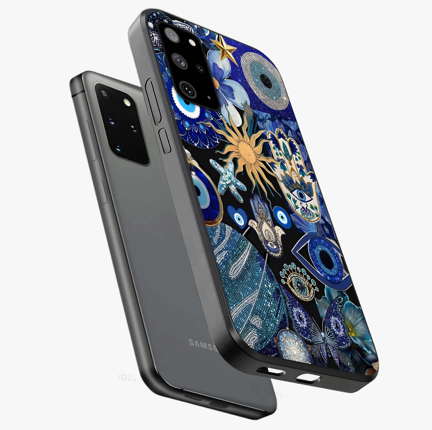 Evil Eye Charm Mix Glass Case displayed in angled mockup highlighting protective evil eye symbols with spiritual aesthetic design.