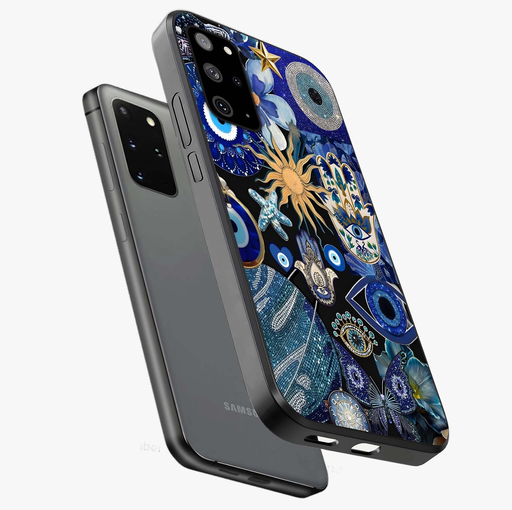 Evil Eye Charm Mix Glass Case displayed in angled mockup highlighting protective evil eye symbols with spiritual aesthetic design.