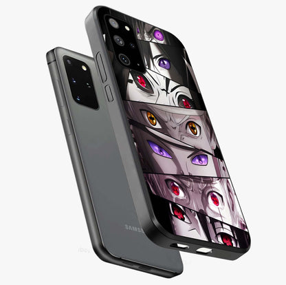 Eyes of Destiny Glass Case displayed in angled mockup highlighting bold eye illustration with mystical aesthetic style.