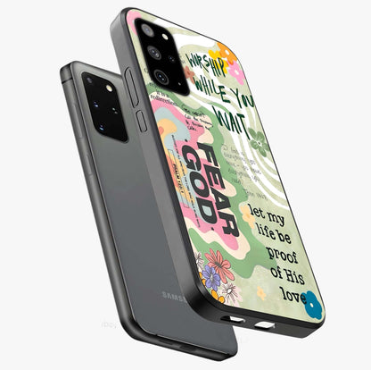Faith Over Fear Glass Case displayed in angled mockup highlighting inspirational message design with modern aesthetic style.