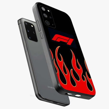 Fire F11 Glass Case displayed in angled mockup highlighting bold fire inspired graphic with energetic aesthetic style.